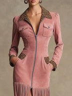 Western Retro Leopard Print Pink Faux Suede Zipper Tassel Midi Dress