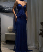 Cocoslly Sweetheart Strapless Sheath Long Pleated Prom Dress With Scarf | Navy Blue Net Fabric ZT0704