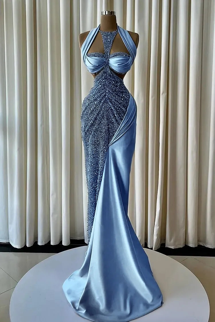 Cocoslly Halter Sleeveless High Waist Long Mermaid Prom Dress With Beading Pearls | Blush Champagne Satin JZ0163