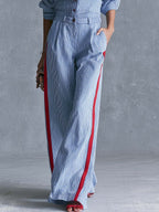 Casual Fashion Lapel Button-front Light Blue Striped Jumpsuit