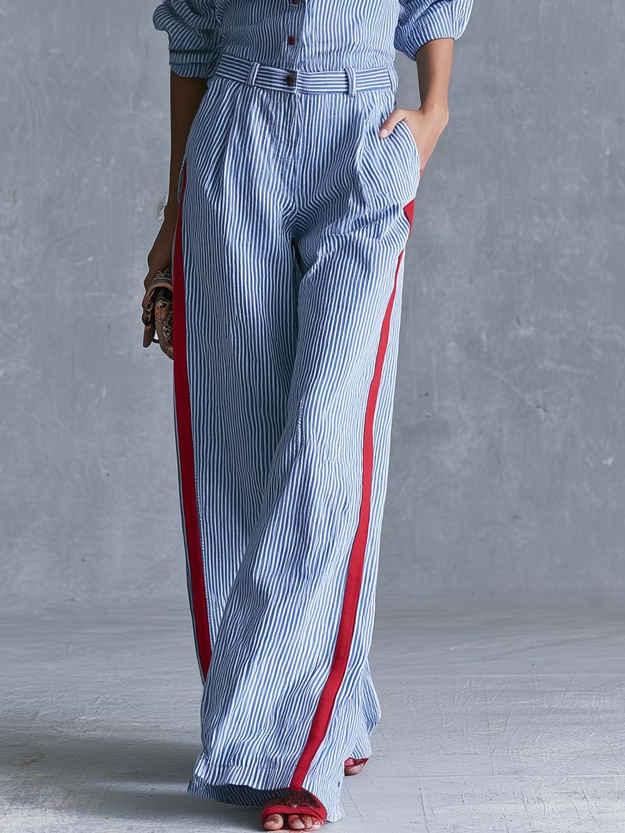 Casual Fashion Lapel Button-front Light Blue Striped Jumpsuit