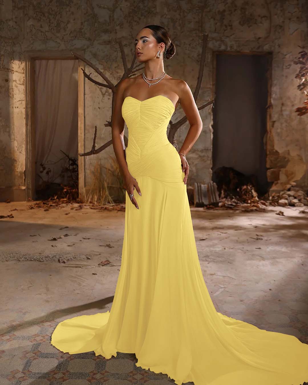 Chiffon Sweetheart Strapless Sleeveless Long Mermaid Prom Dress With Ruffles And Pleated YK0705