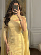 Cocoslly Strapless Sleeveless High Waist Long Mermaid Prom Dress With Split And Cape | Yellow Chiffon CO0044