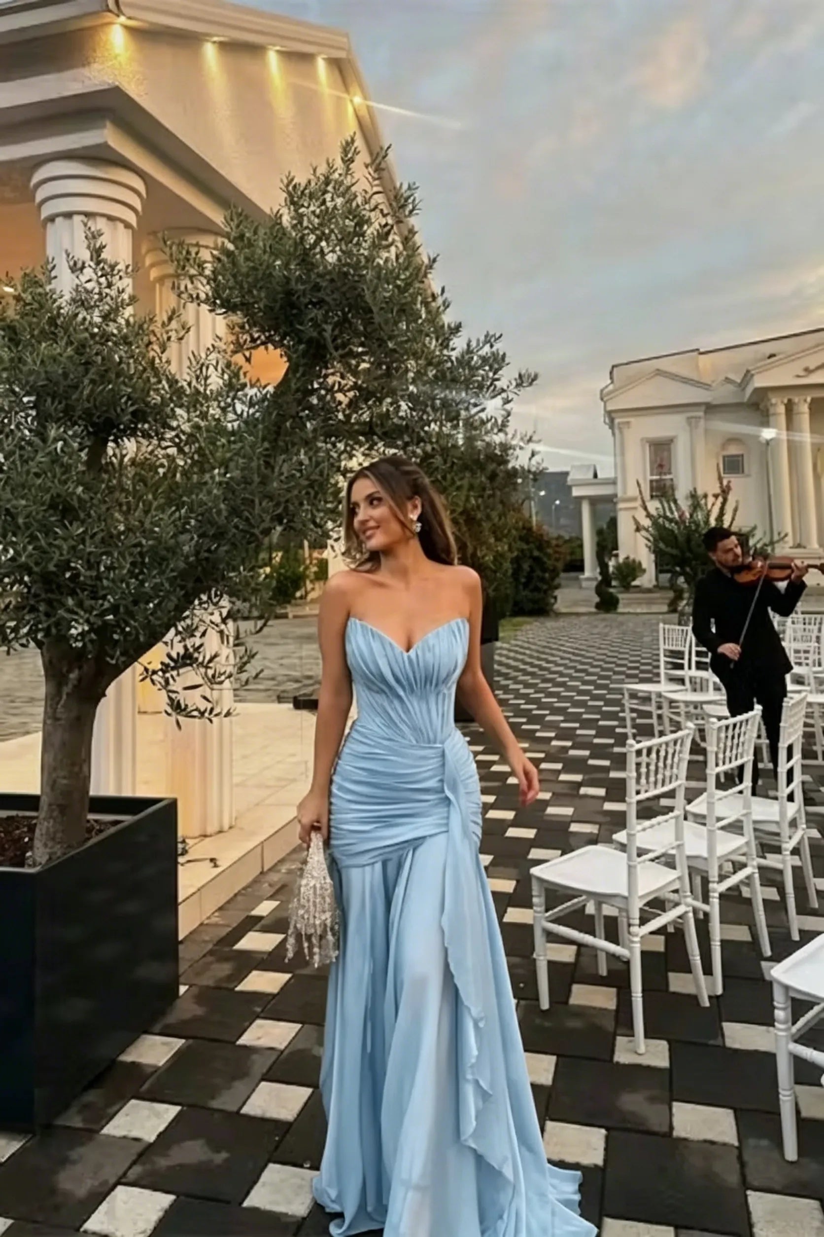 Cocoslly Strapless Sleeveless High Waist Long Prom Dress With Ruffles And Pleated | Dusty Sage Chiffon LR0540