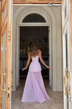 Cocoslly Strapless Sweetheart Sleeveless High Waisted Long Prom Dress With Split | Pink Chiffon CO0016