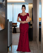 Cocoslly Short Sleeves High Waist Long Mermaid Prom Dress With Rhinstone | Silver Sequins YK1264