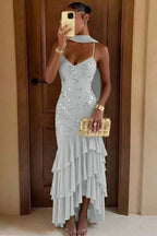 Cocoslly Spaghetti Straps Sleeveless High Waist Long Prom Dress With Ruffles And Sequins | Sage Chiffon LR0491