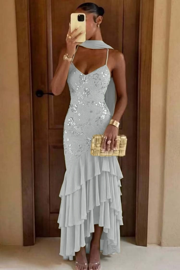 Cocoslly Spaghetti Straps Sleeveless High Waist Long Prom Dress With Ruffles And Sequins | Sage Chiffon LR0491