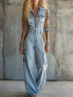 Retro-style Leopard Print Faux-suede Patchwork Blue Denim Jumpsuit