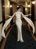Cocoslly Sleeveless High Waist Long Mermaid Prom Dress With Scarf | Ivory Satin CO0199