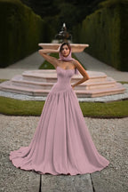 Satin Strapless Sleeveless Long A-Line Prom Dress With Pleated And Corset YK0797