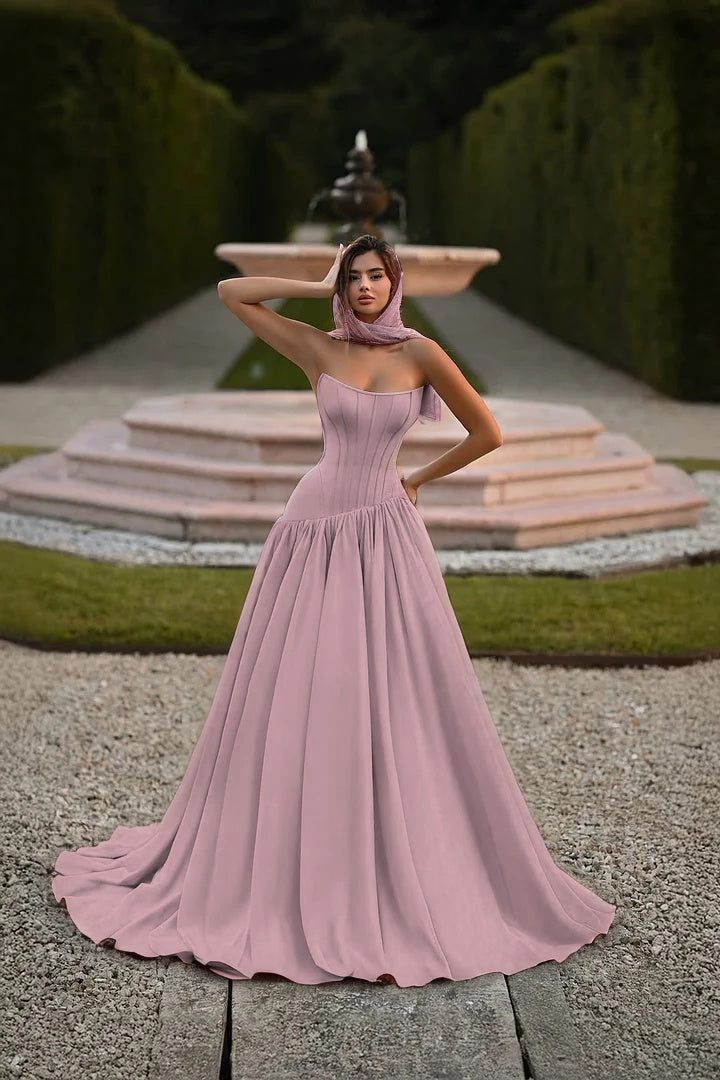 Satin Strapless Sleeveless Long A-Line Prom Dress With Pleated And Corset YK0797