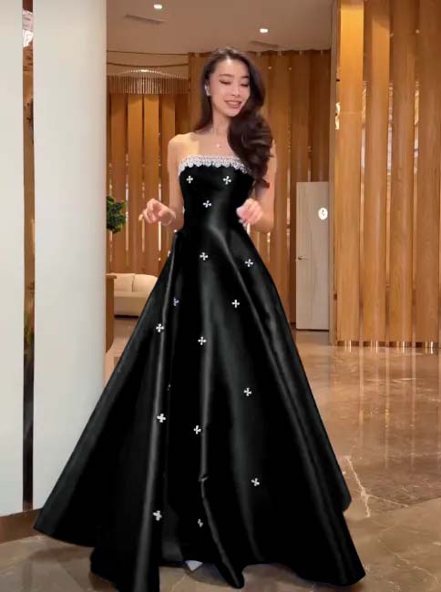 Cocoslly Strapless Sleeveless High Waist Long A Line Prom Dress With Rhinstone | Navy Blue Satin JZ0146