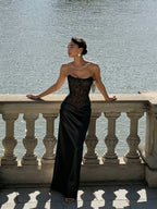 Cocoslly Strapless Sleeveless High Waist Long Prom Dress With Appliques | Pink Satin LX0113