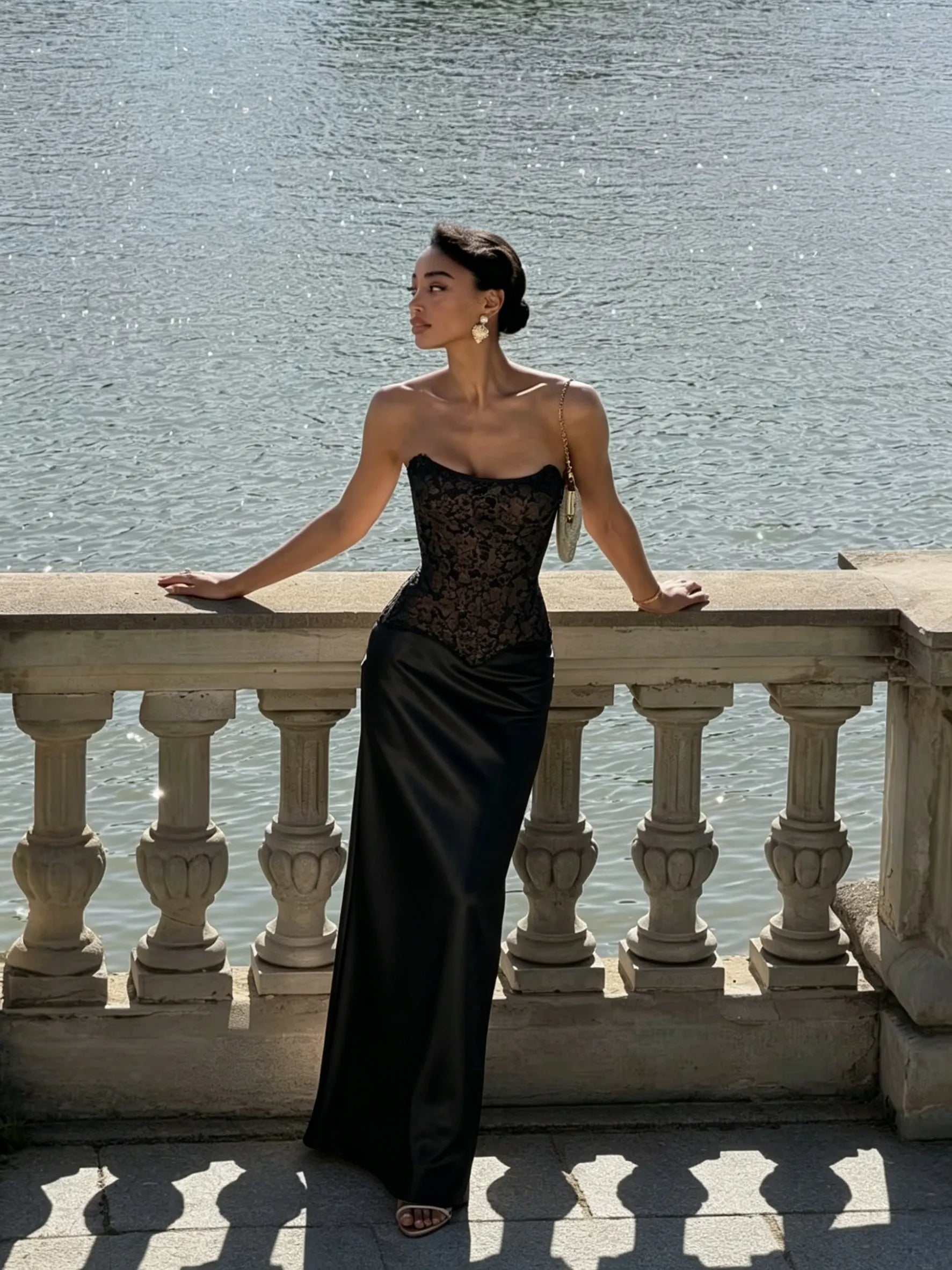 Cocoslly Strapless Sleeveless High Waist Long Prom Dress With Appliques | Pink Satin LX0113