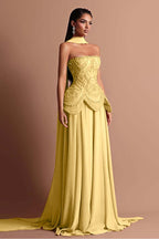 Strapless Sleeveless Long Prom Dress With Beading Pleated Wrap WQ0084