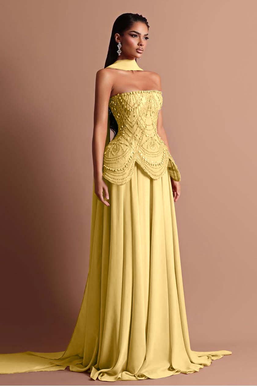 Strapless Sleeveless Long Prom Dress With Beading Pleated Wrap WQ0084