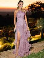Strapless Sleeveless Long Split Prom Dress With Pleated Ruffle YK0324