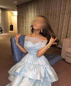 Cocoslly Off-The-Shoulder Sleeveless High Waist Long Prom Dress With Ruffles | Baby Blue Satin ZT0725