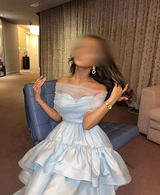 Cocoslly Off-The-Shoulder Sleeveless High Waist Long Prom Dress With Ruffles | Baby Blue Satin ZT0725