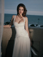 Cocoslly Wide Straps Square Neck Sleeveless High Waist Long Prom Dress | White Chiffon CO0185