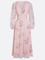 Pink Floral Tulle V Neck Long Sleeve Balloon Sleeve A-Line Midi Dress