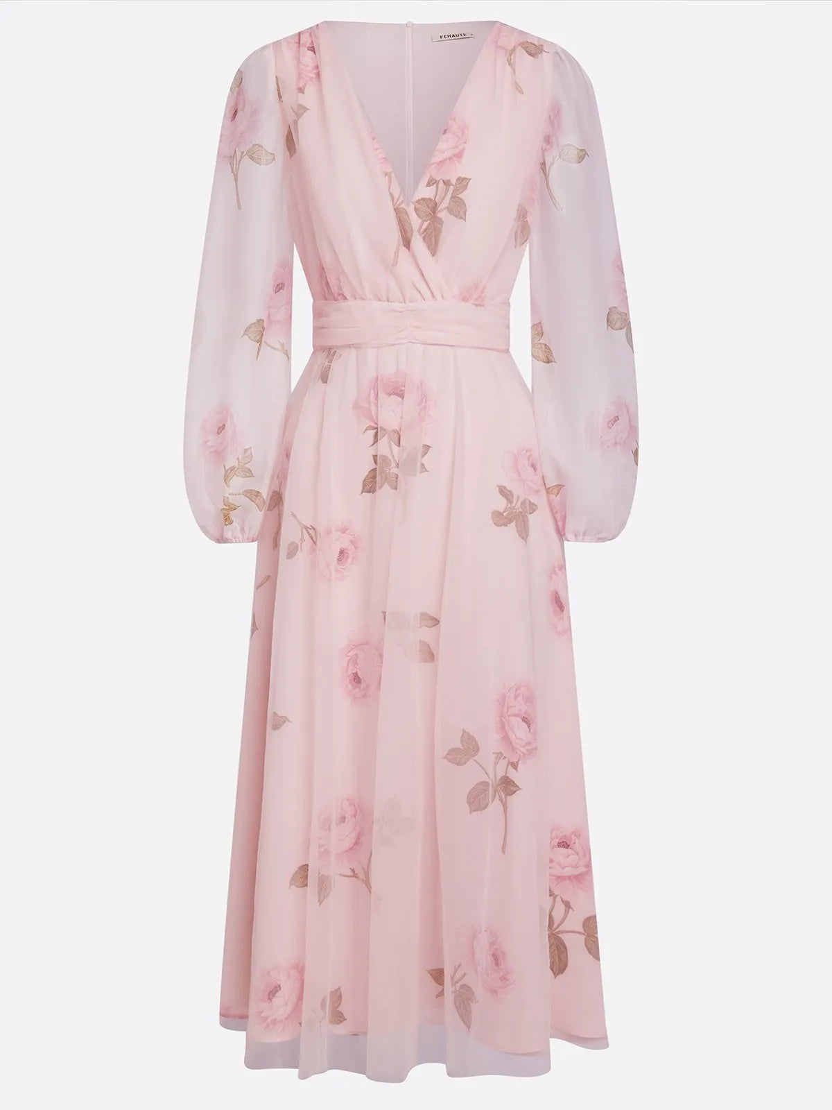 Pink Floral Tulle V Neck Long Sleeve Balloon Sleeve A-Line Midi Dress