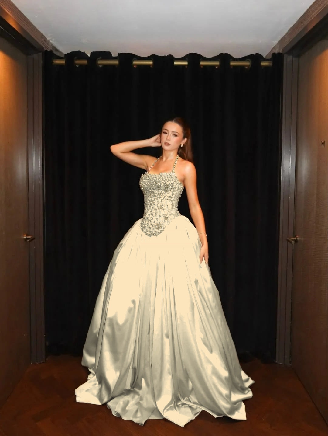 Cocoslly Halter Neck Strapless Sleeveless Long A-Line Prom Dress With Pleated And Sequins Rhinstone | Champage Satin YK0886
