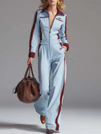 Retro Racing Powder-Blue And Burgundy Colorblock Zip-Front Wide-Leg Cotton Jumpsuit