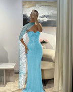Tulle V-Neck Strapless Sleeveless Long Mermaid Prom Dress With Sequins And Ruffles YK0184