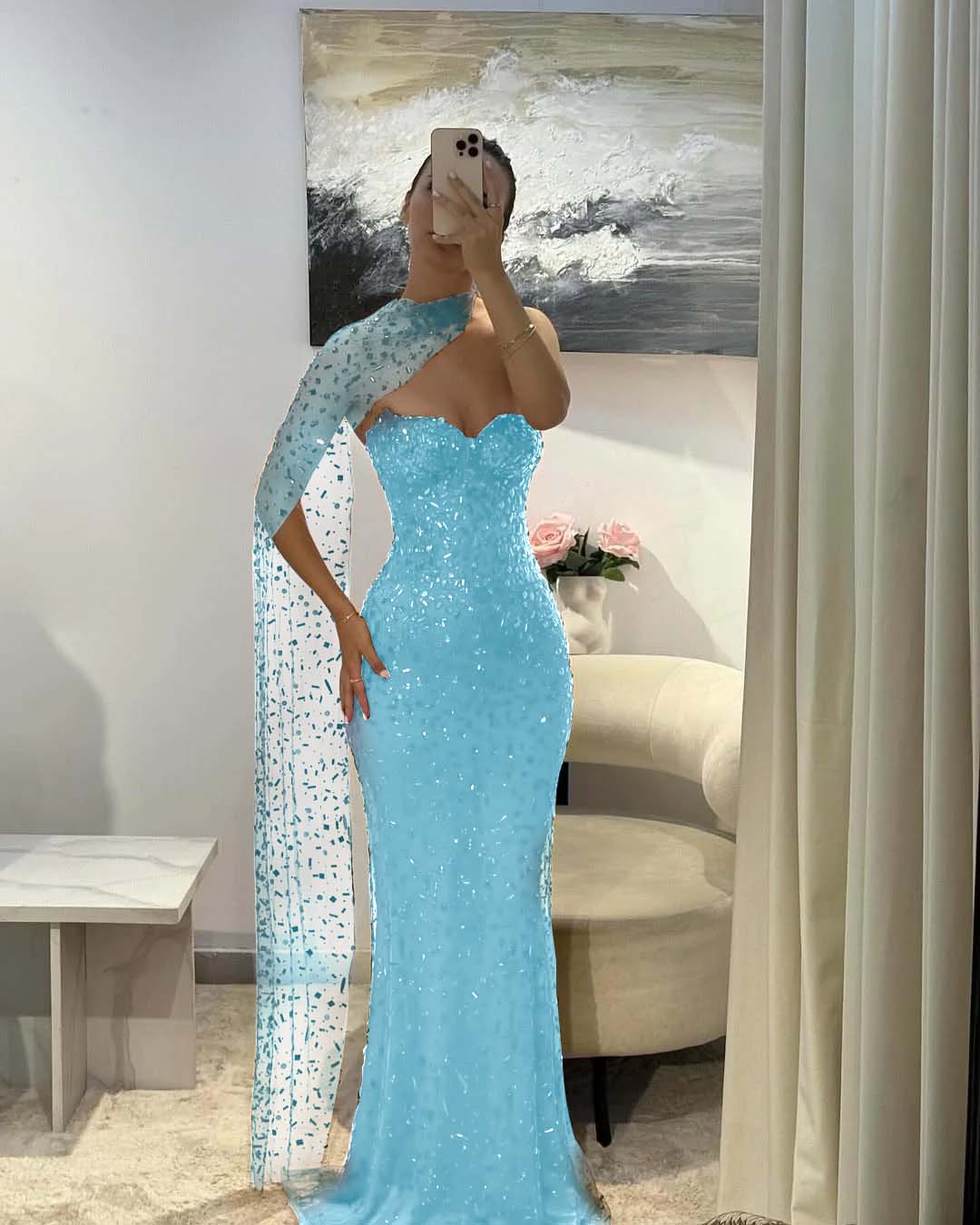 Tulle V-Neck Strapless Sleeveless Long Mermaid Prom Dress With Sequins And Ruffles YK0184