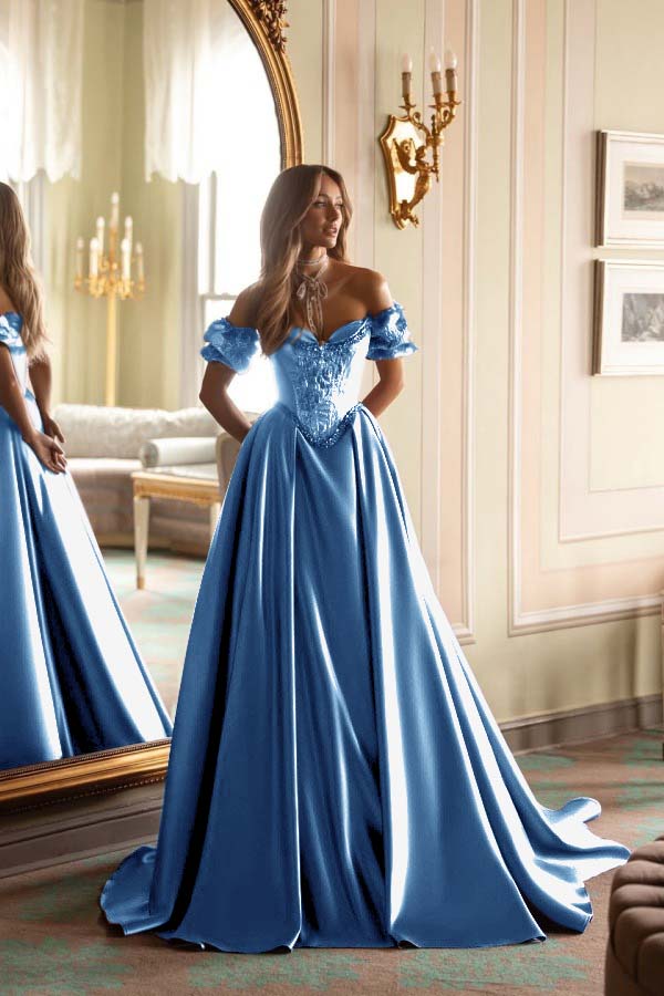 Satin V-Neck Off-The-Shoulder Short Sleeves Long A-Line Prom Dress With Embroidered And Pleated WQ0422
