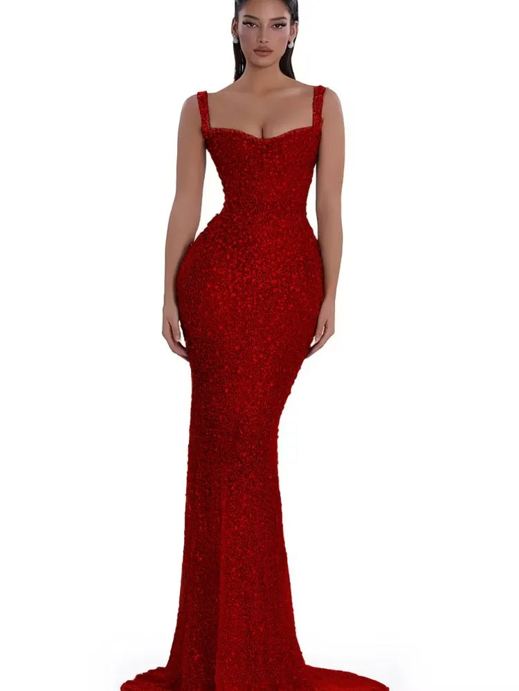 Cocoslly Spaghetti Straps Sleeveless High Waist Long Mermaid Prom Dress With Beading Pearls | Nude Champage Sequins JZ0120