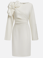 Cream White Bow Long Sleeve Sheath Midi Dress