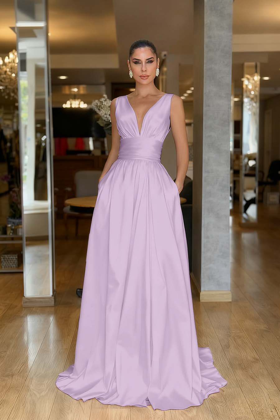 Straps Sleeveless High Waist Long Prom Dress With Pockets Pleated MS0387