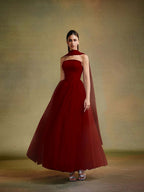 Tulle Strapless Sleeveless Long A-Line Prom Dress With Pleated And Ruffles YK0659