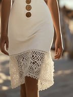 銆�24-hour shipping out銆慍lassic Elegant Spaghetti Strap White Cotton Midi Dress