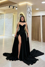 Cocoslly Strapless Sweetheart Sleeveless High Waist Long Split Prom Dress With Scarf | Burgundy Satin YC0479