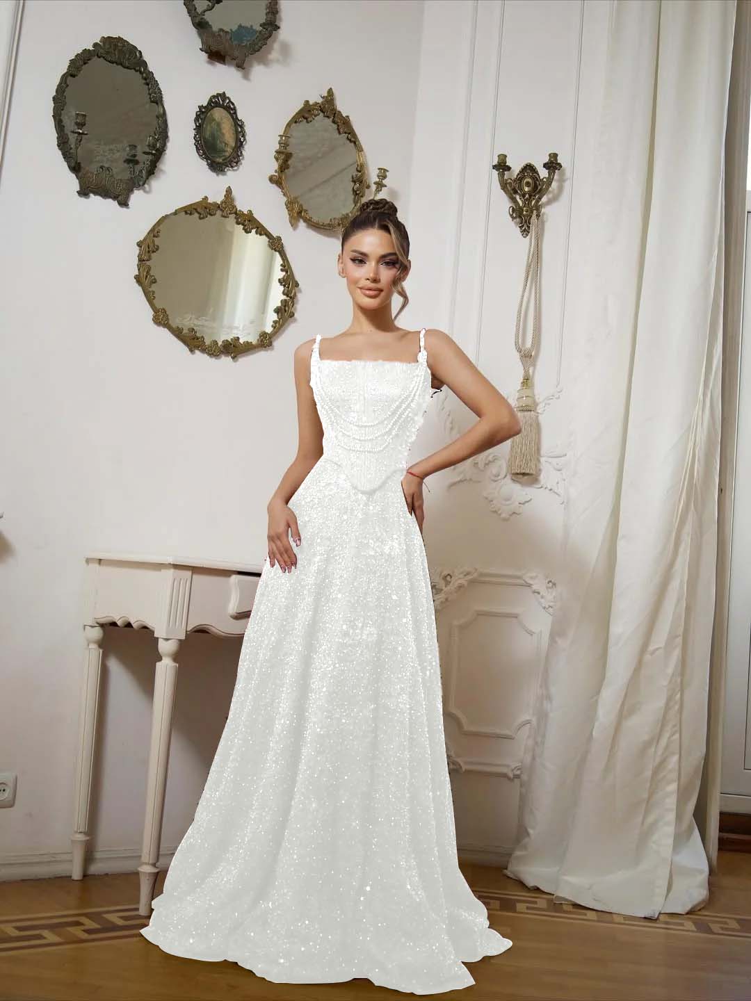 Square Neck Spaghetti Straps Sleeveless Long A-Line Prom Dress With Sequins And High Beadings YK0573