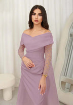 Cocoslly Off-The-Shoulder Long Sleeves High Waist Long Prom Dress With Rhinstone | Blushing Pink Chiffon JZ0100
