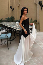 Cocoslly Strapless Sleeveless High Waist Long Prom Dress With Pearls | Black And White Chiffon CO0054