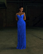 Cocoslly Strapless Sleeveless High Waist Long Prom Dress | Silver White Beading Pearls YK1253