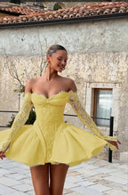 Cocoslly Strapless Long Sleeves Short Prom Dress With Appliques And Pleated | Daffodil Lace YQ0138