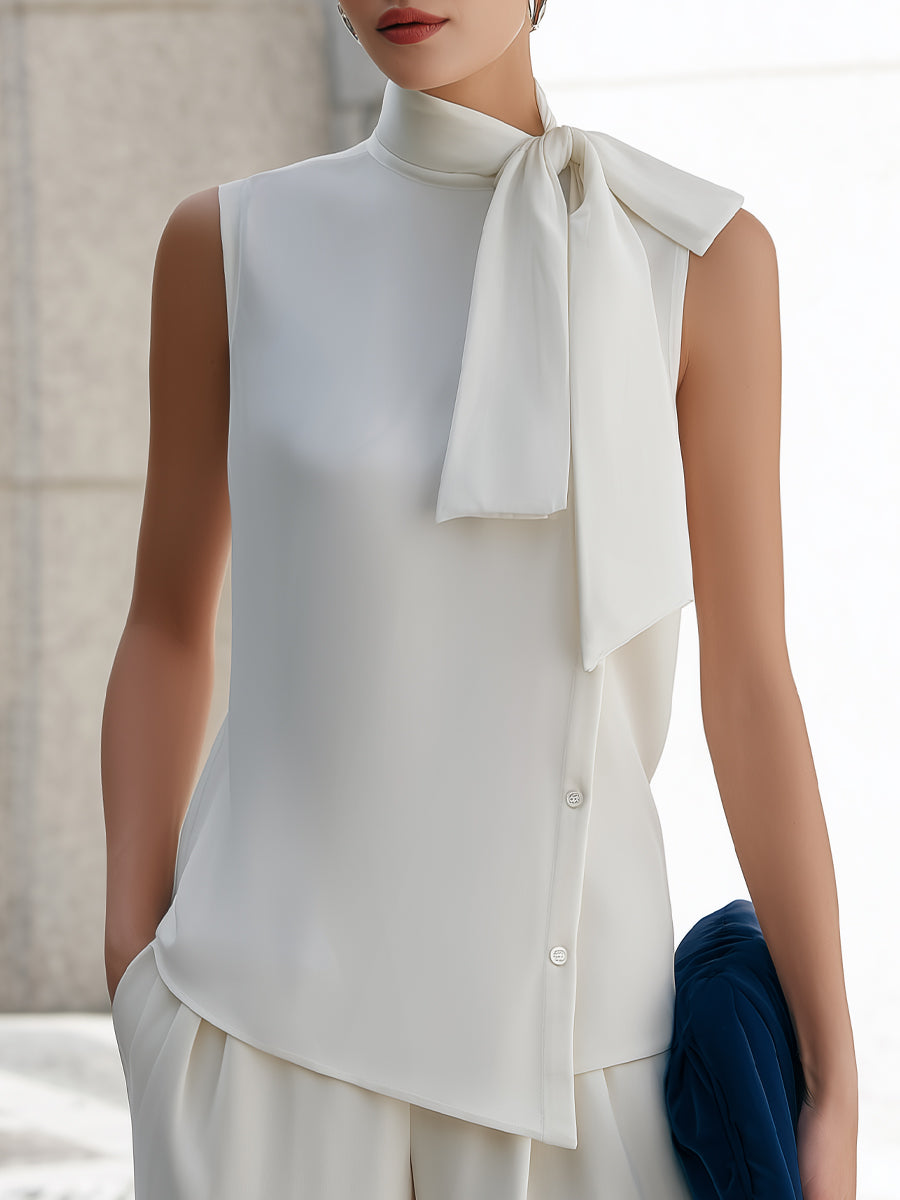Sleeveless Asymmetric Hem Tie-Neck Blouse