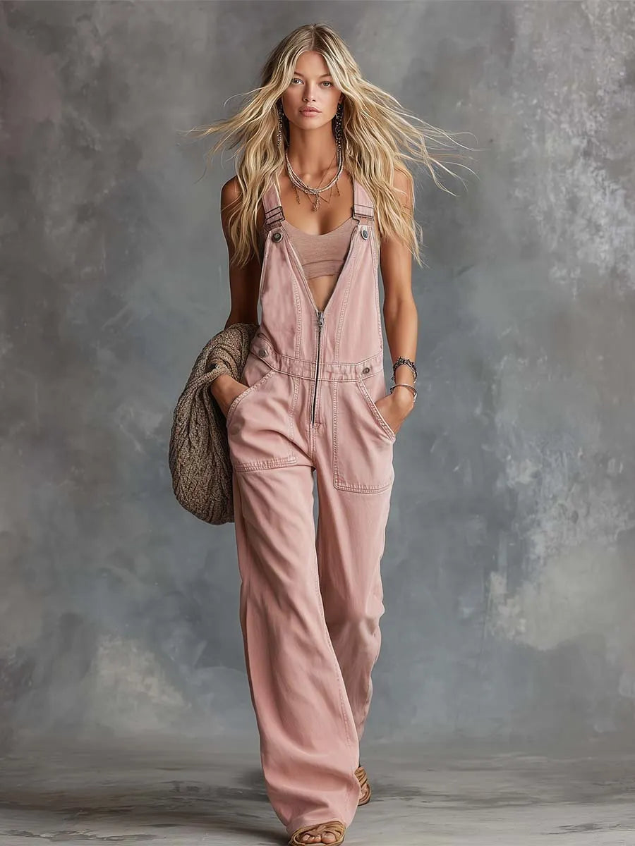 Retro Casual Western V-Neck Front-Zip Light Pink Denim Overalls Jumpsuit