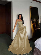 Black Satin Sweetheart Strapless Sleeveless Long A-Line Prom Dress With Pleated YK0695