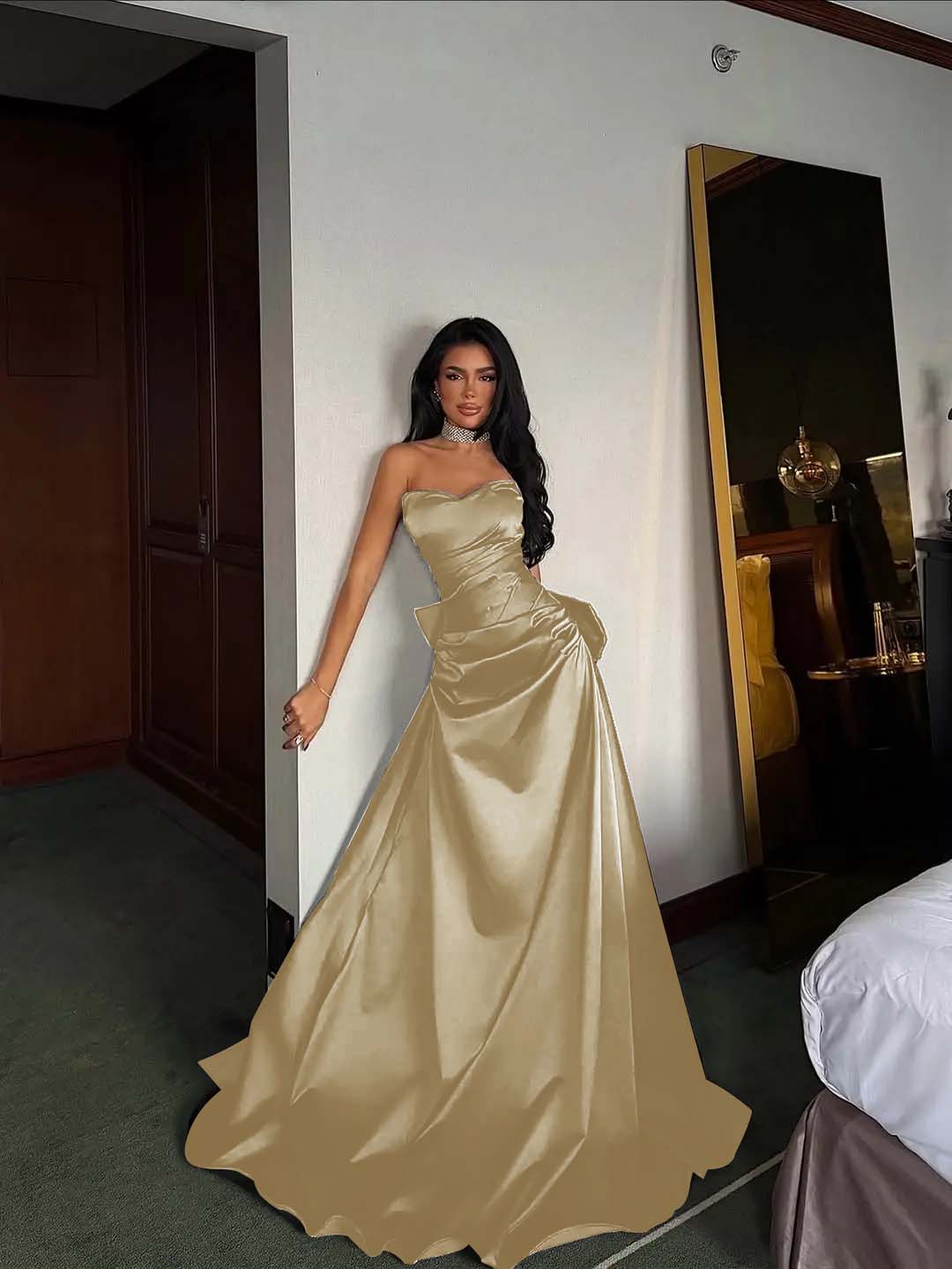 Black Satin Sweetheart Strapless Sleeveless Long A-Line Prom Dress With Pleated YK0695