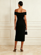 Black Bow Classic Off The Shoulder Short Sleeve Sheath Midi Dress