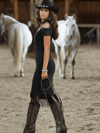 Western-style Retro Floral Embroidered Tassel Black Faux Suede Sleeveless Midi Dress