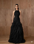 Cocoslly Halter Sleeveless High Waist Long Prom Dress With PLeated And Ruffles | Black Chiffon CO0027